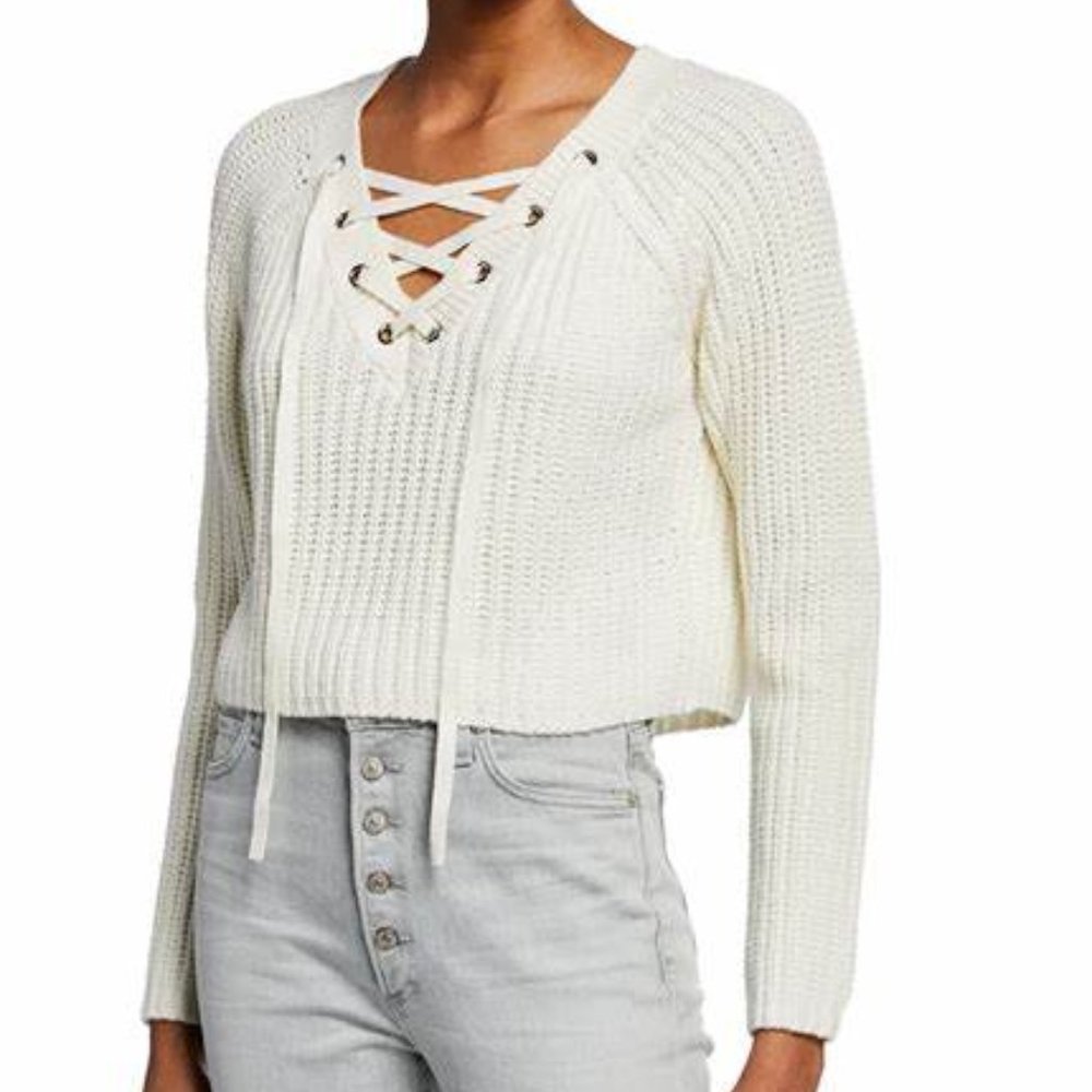 Kendall & Kylie Cream Long Sleeve Cropped Tight Knit Sweater Size Medium
